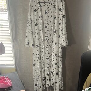 White Star Patterned Long Kimono 53”length, bell sleeves ruffled